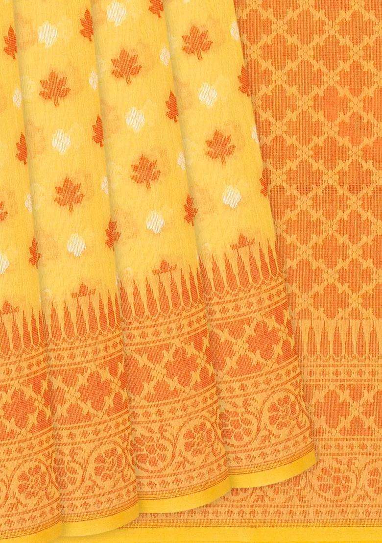Yellow Handloom Banarasi Cotton Saree With Floral Motifs Yellow With Buttas And Brocade Design For Women - Indya