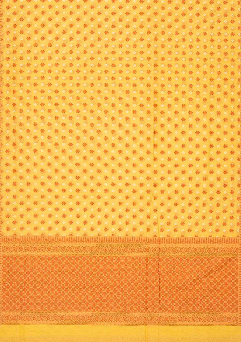 Yellow Handloom Banarasi Cotton Saree With Floral Motifs Yellow With Buttas And Brocade Design For Women - Indya