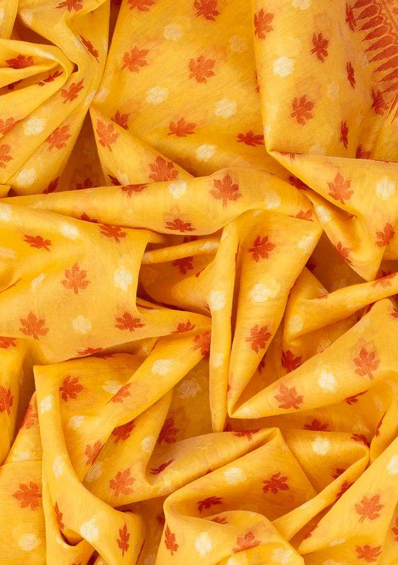 Yellow Handloom Banarasi Cotton Saree With Floral Motifs Yellow With Buttas And Brocade Design For Women - Indya