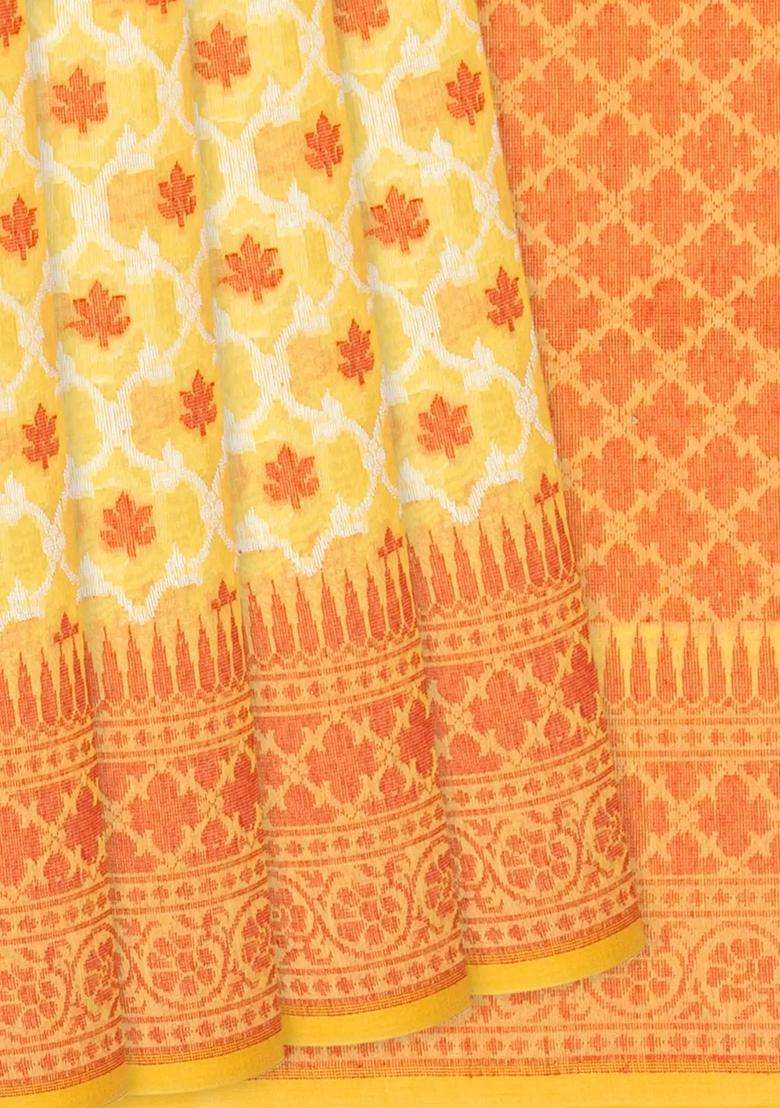 Yellow Handloom Banarasi Cotton Saree With Floral Jaal Motifs Yellow With Buttas And Brocade Design For Women - Indya