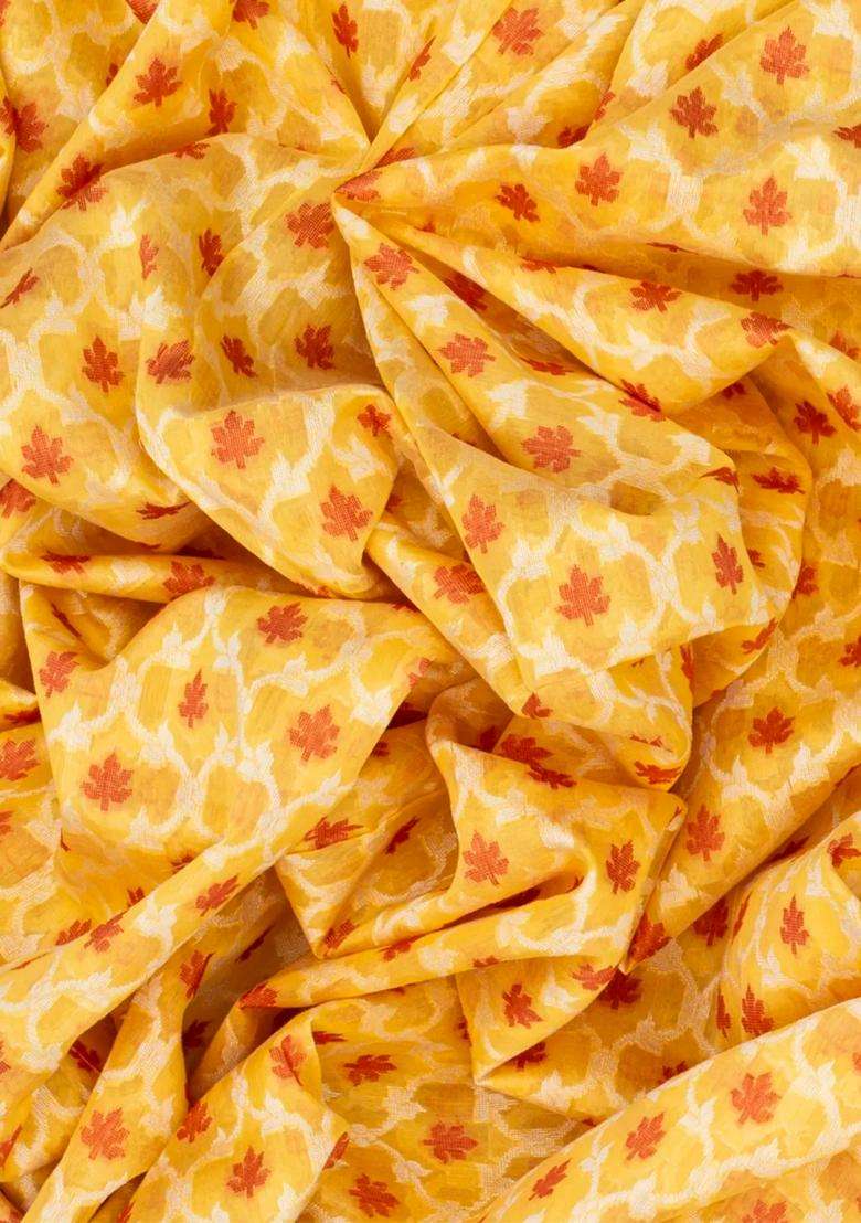 Yellow Handloom Banarasi Cotton Saree With Floral Jaal Motifs Yellow With Buttas And Brocade Design For Women - Indya