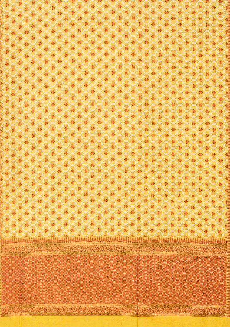 Yellow Handloom Banarasi Cotton Saree With Floral Jaal Motifs Yellow With Buttas And Brocade Design For Women - Indya