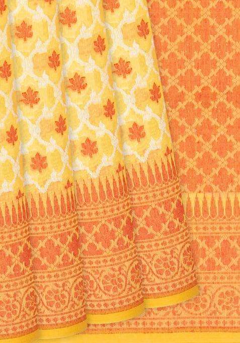 Yellow Handloom Banarasi Cotton Saree With Floral Jaal Motifs Yellow With Buttas And Brocade Design For Women