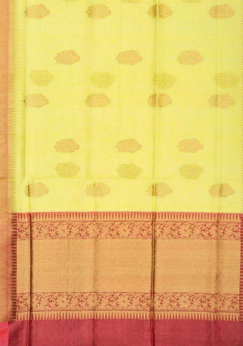 Yellow Handloom Banarasi Linen Saree With Floral Zari Buttas Yellow With Buttas And Brocade Design For Women - Indya