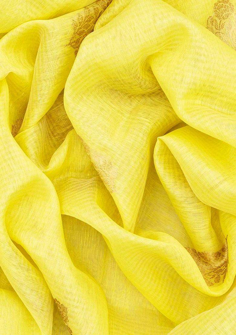 Yellow Handloom Banarasi Linen Saree With Floral Zari Buttas Yellow With Buttas And Brocade Design For Women - Indya