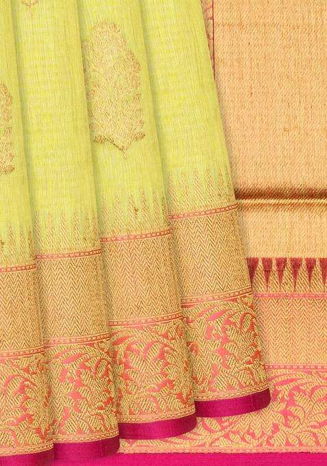 Yellow Handloom Banarasi Linen Saree With Floral Zari Buttas Yellow With Buttas And Brocade Design For Women