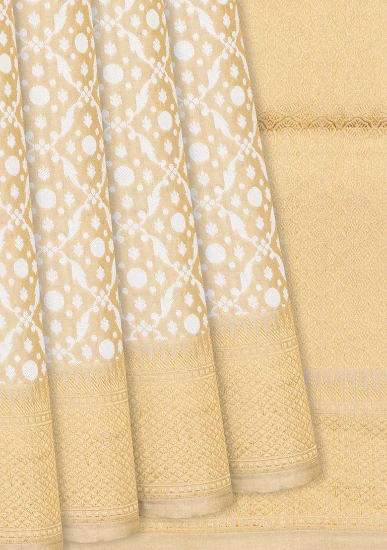 Cream Handloom Banarasi Tissue Silk Saree With Jaal Motifs Cream With Buttas And Brocade Design For Women - Indya