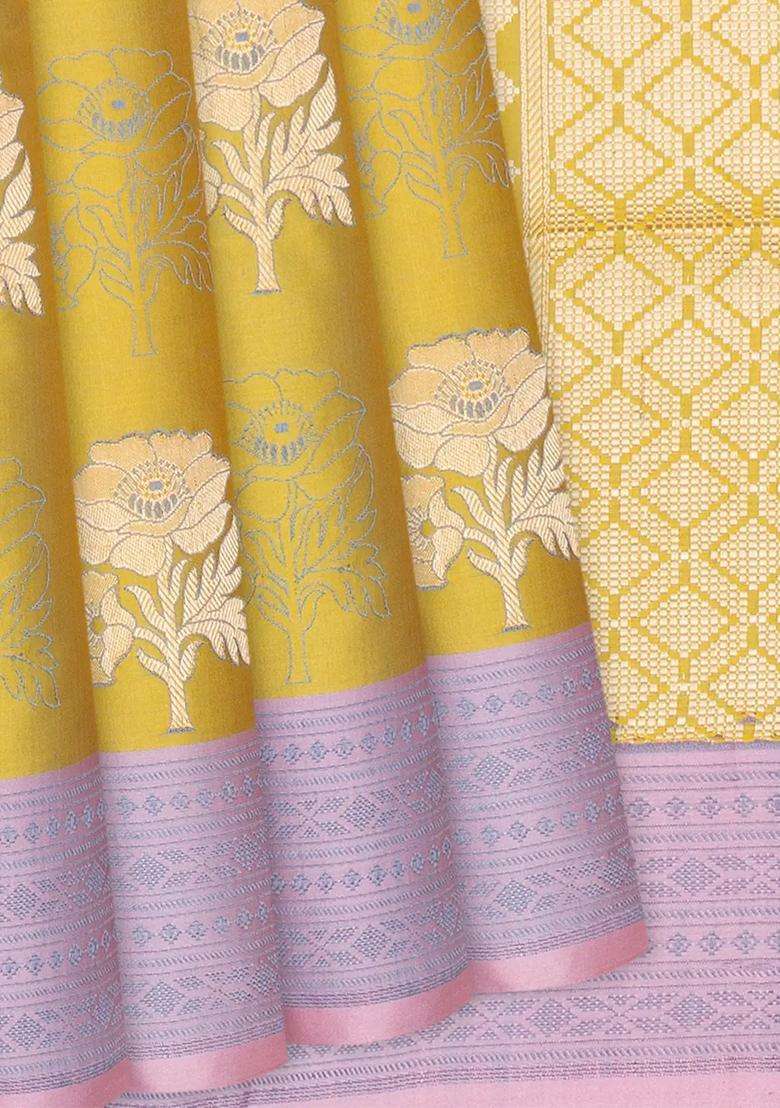 Olive Green Handloom Banarasi Satin Silk Saree With Floral Motifs Olive Green With Buttas And Brocade Design For Women - Indya
