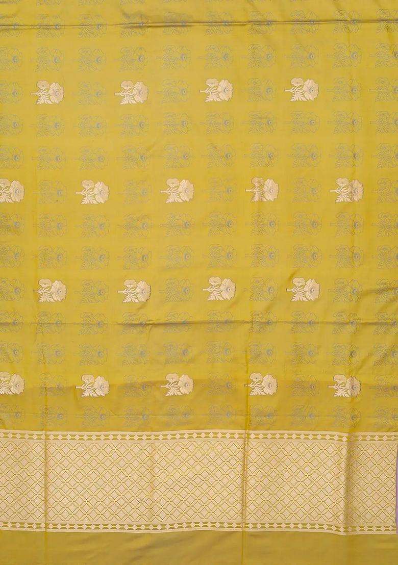 Olive Green Handloom Banarasi Satin Silk Saree With Floral Motifs Olive Green With Buttas And Brocade Design For Women - Indya