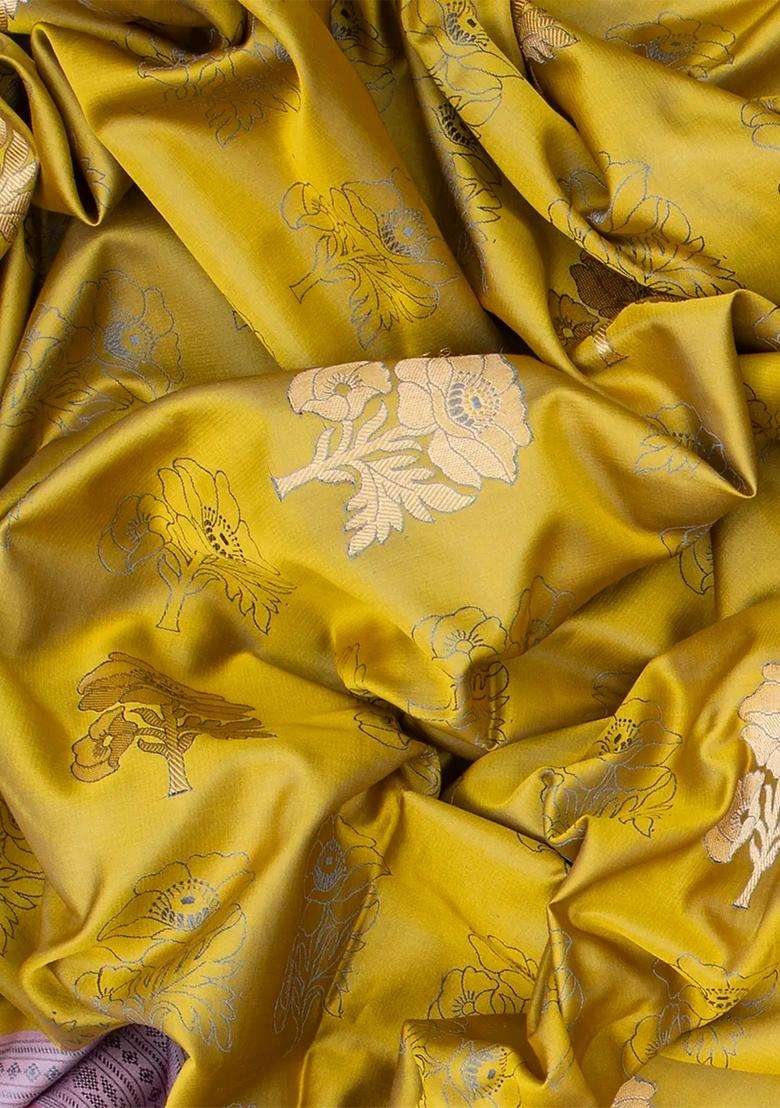 Olive Green Handloom Banarasi Satin Silk Saree With Floral Motifs Olive Green With Buttas And Brocade Design For Women - Indya