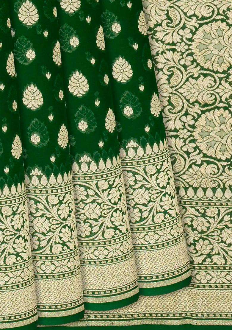 Dark Green Handloom Banarasi Khaddi Georgette Saree With Floral Buttas Dark Green With Buttas And Brocade Design For Women - Indya