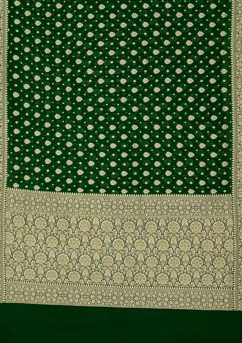 Dark Green Handloom Banarasi Khaddi Georgette Saree With Floral Buttas Dark Green With Buttas And Brocade Design For Women - Indya