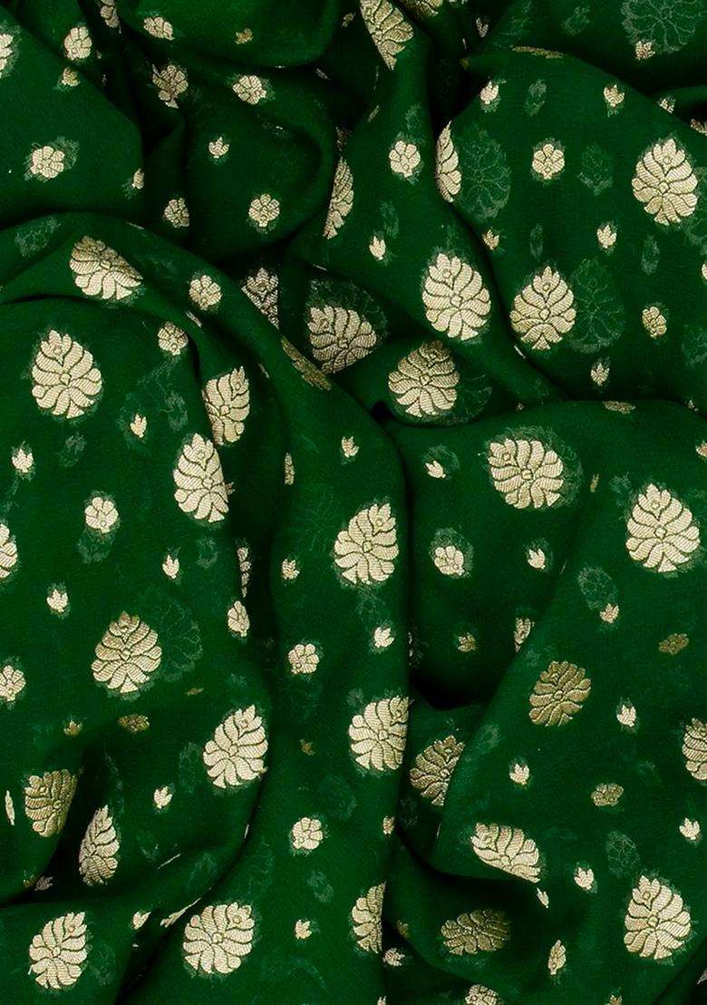 Dark Green Handloom Banarasi Khaddi Georgette Saree With Floral Buttas Dark Green With Buttas And Brocade Design For Women - Indya