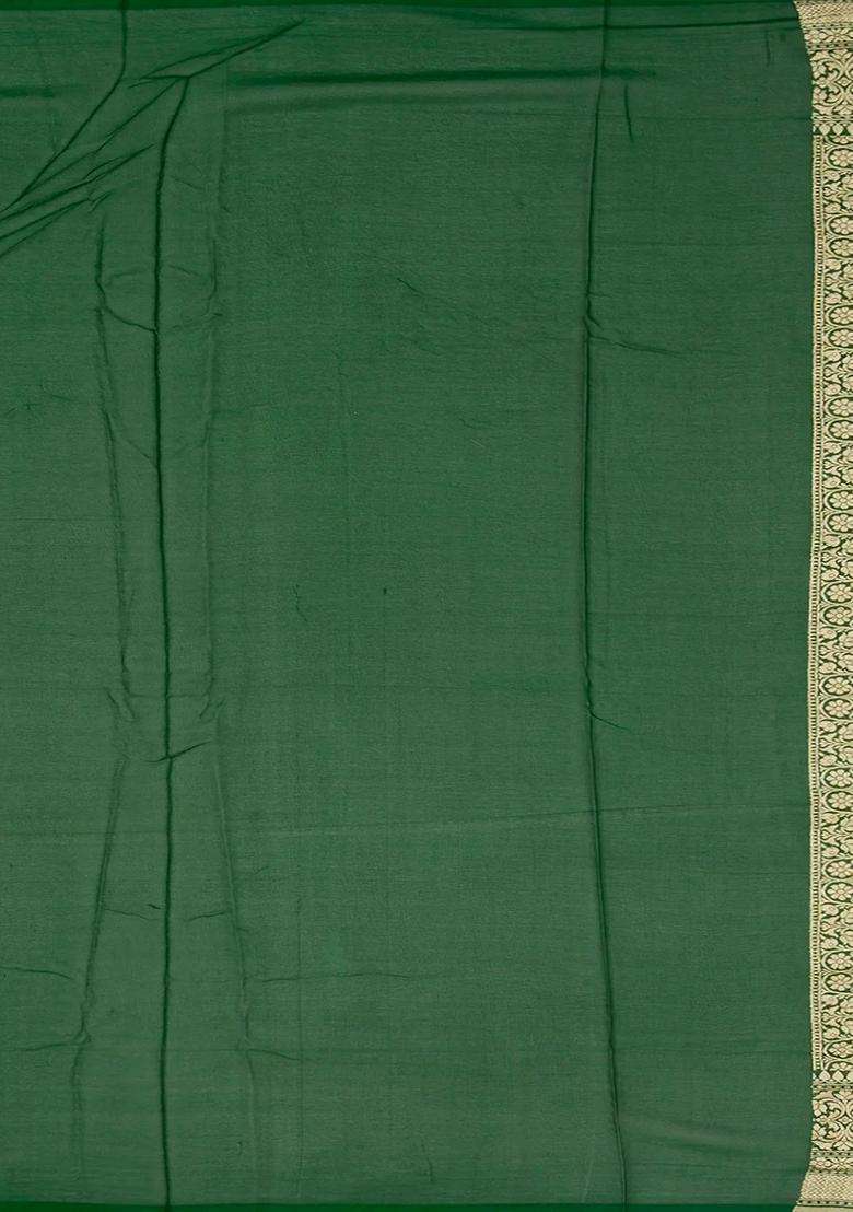 Dark Green Handloom Banarasi Khaddi Georgette Saree With Floral Buttas Dark Green With Buttas And Brocade Design For Women - Indya