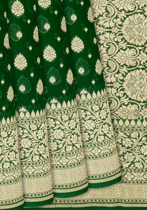 Dark Green Handloom Banarasi Khaddi Georgette Saree With Floral Buttas Dark Green With Buttas And Brocade Design For Women