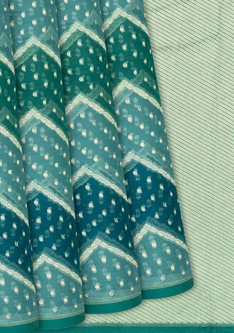 Blue Handloom Rangkat Khaddi Georgette Saree With Chevron Motifs Blue With Buttas And Brocade Design For Women - Indya