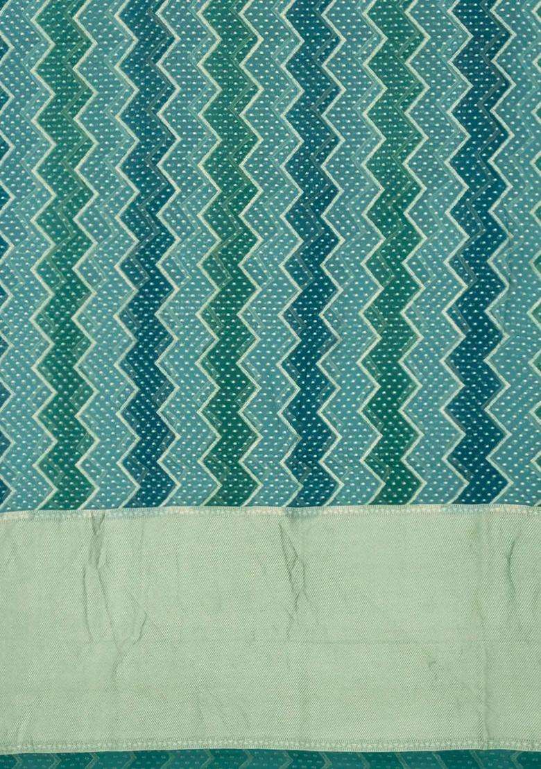 Blue Handloom Rangkat Khaddi Georgette Saree With Chevron Motifs Blue With Buttas And Brocade Design For Women - Indya