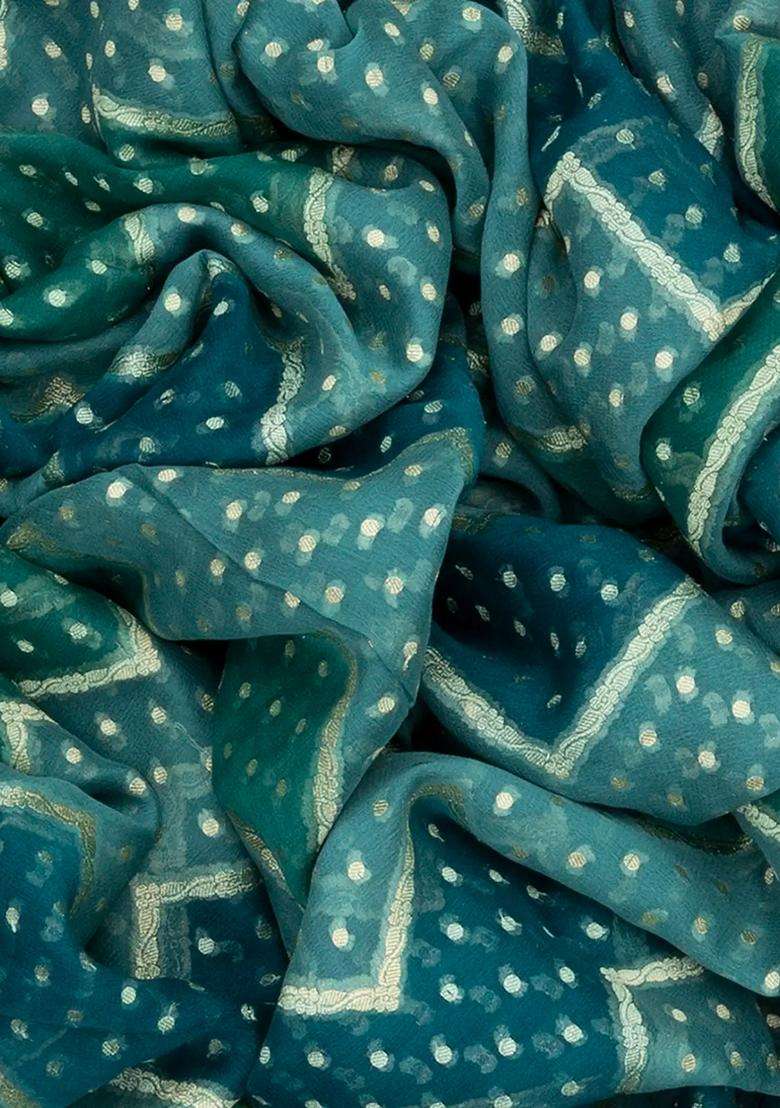 Blue Handloom Rangkat Khaddi Georgette Saree With Chevron Motifs Blue With Buttas And Brocade Design For Women - Indya