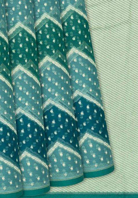 Blue Handloom Rangkat Khaddi Georgette Saree With Chevron Motifs Blue With Buttas And Brocade Design For Women