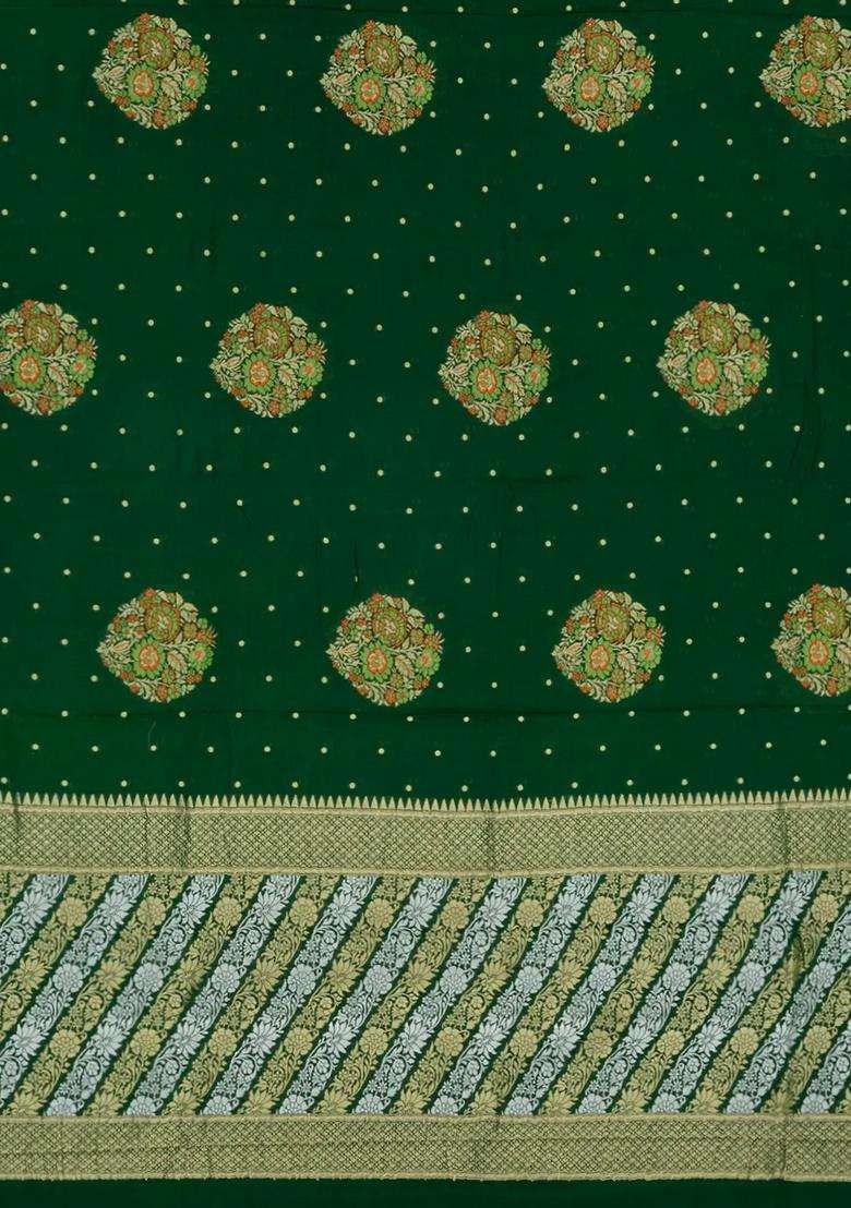 Bottle Green Handloom Banarasi Khaddi Georgette Saree With Meena Floral Motifs Bottle Green With Buttas And Brocade Design For Women - Indya