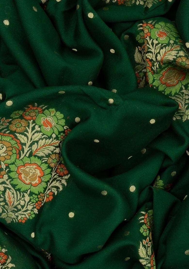 Bottle Green Handloom Banarasi Khaddi Georgette Saree With Meena Floral Motifs Bottle Green With Buttas And Brocade Design For Women - Indya