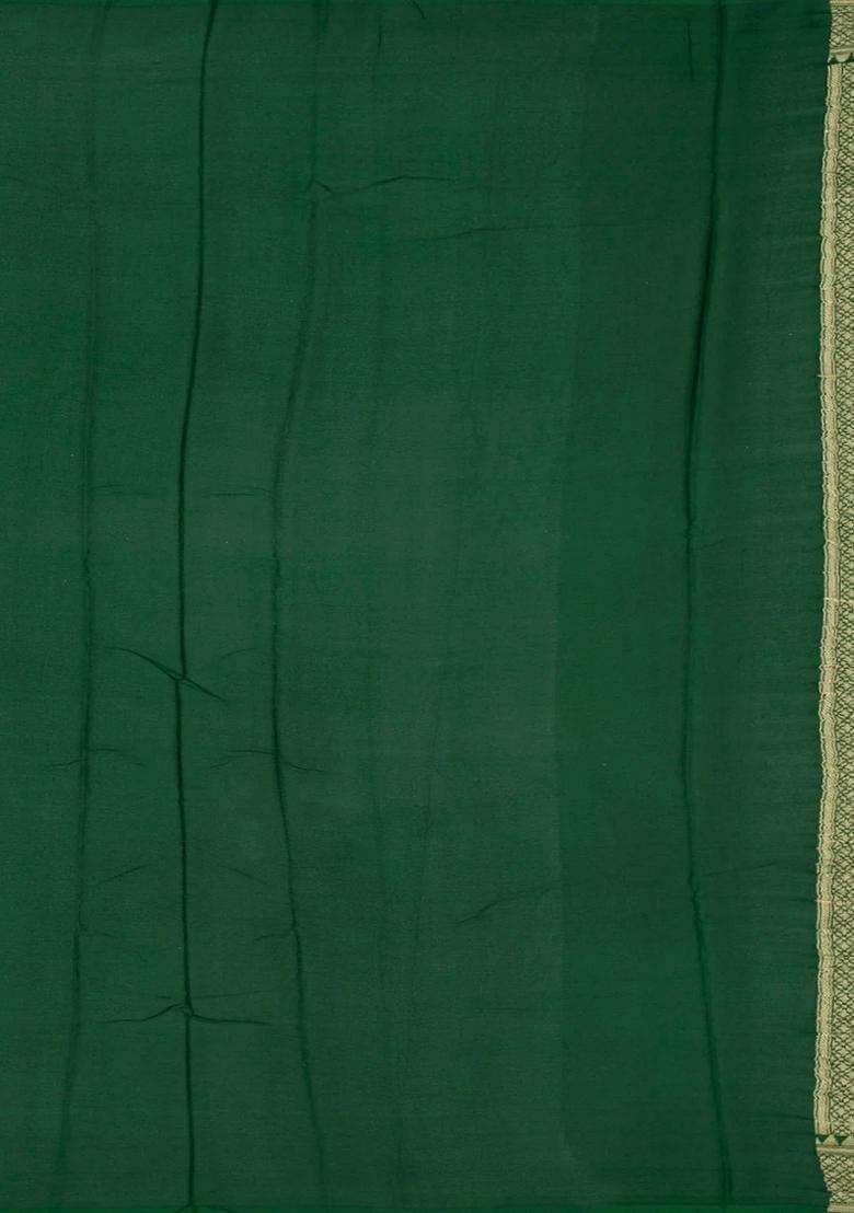 Bottle Green Handloom Banarasi Khaddi Georgette Saree With Meena Floral Motifs Bottle Green With Buttas And Brocade Design For Women - Indya
