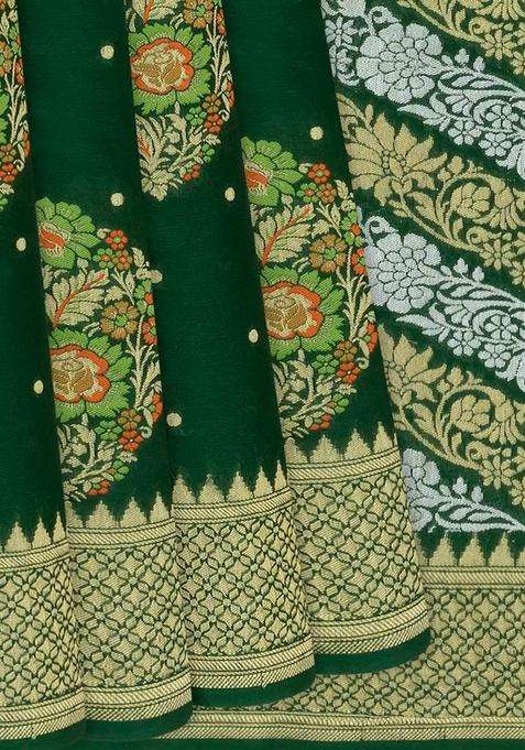 Bottle Green Handloom Banarasi Khaddi Georgette Saree With Meena Floral Motifs Bottle Green With Buttas And Brocade Design For Women
