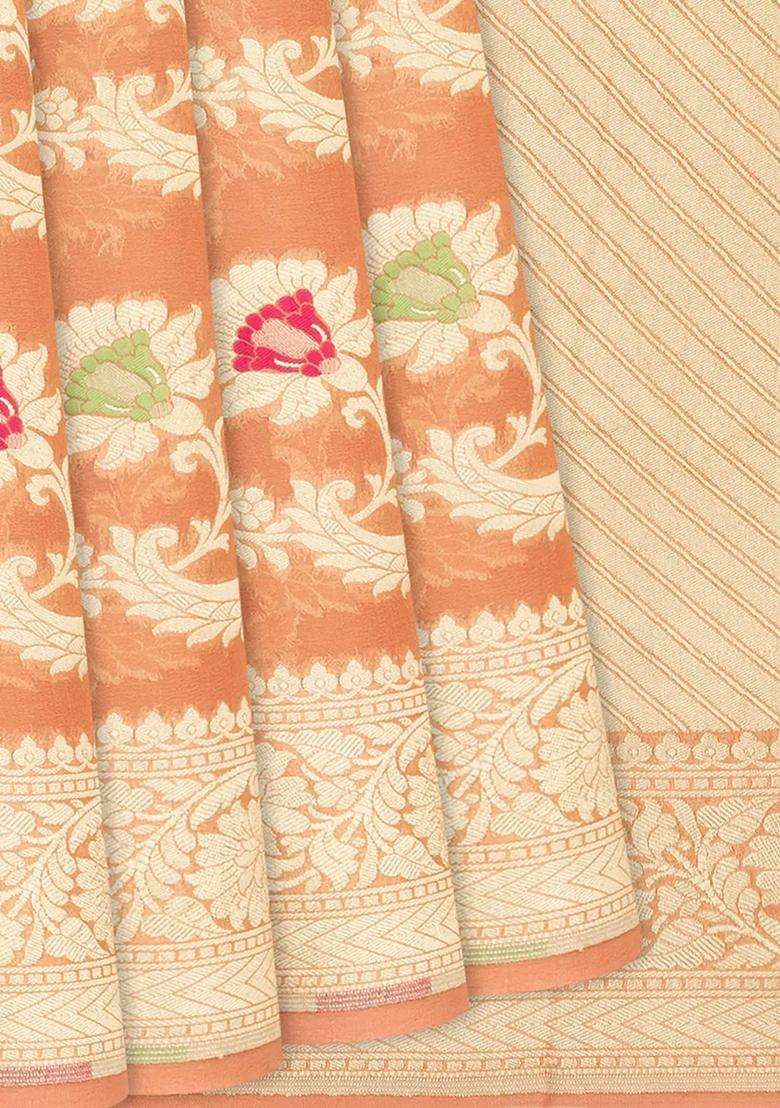 Peach Handloom Banarasi Khaddi Georgette Saree With Meena Floral Motifs Peach With Buttas And Brocade Design For Women - Indya