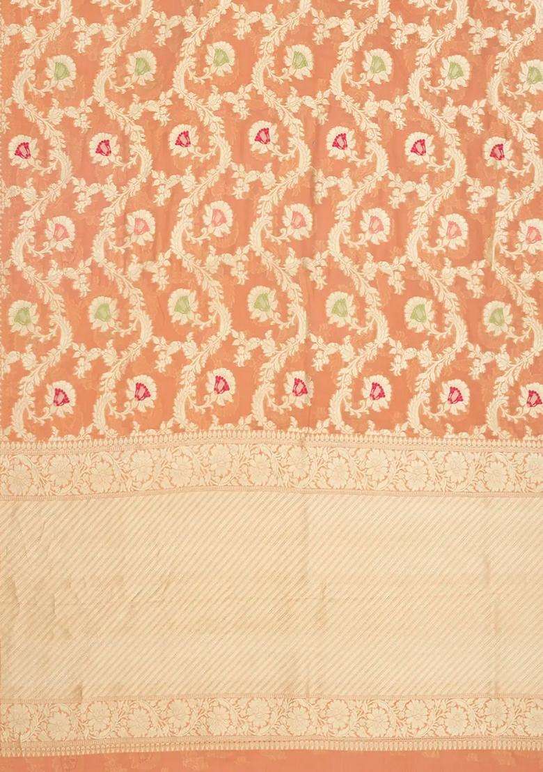 Peach Handloom Banarasi Khaddi Georgette Saree With Meena Floral Motifs Peach With Buttas And Brocade Design For Women - Indya