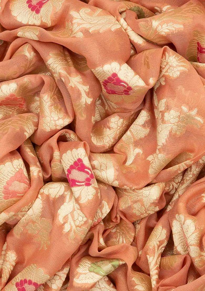 Peach Handloom Banarasi Khaddi Georgette Saree With Meena Floral Motifs Peach With Buttas And Brocade Design For Women - Indya