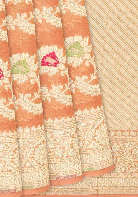 Peach Handloom Banarasi Khaddi Georgette Saree With Meena Floral Motifs Peach With Buttas And Brocade Design For Women