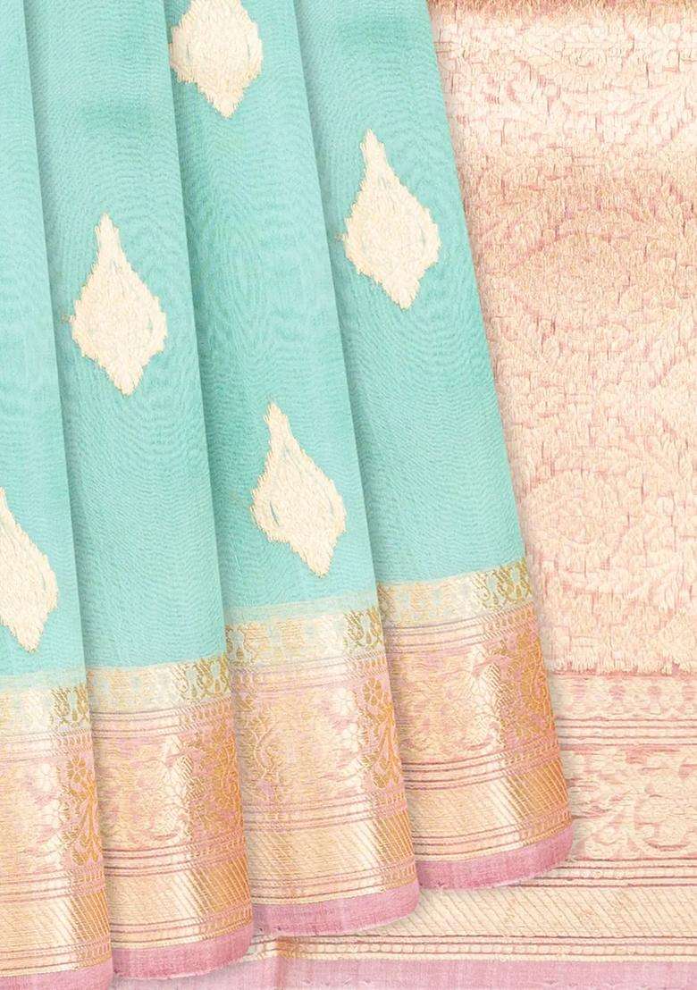 Turquoise Handwoven Banarasi Organza Saree With Floral Buttas Turquoise With Buttas And Brocade Design For Women - Indya