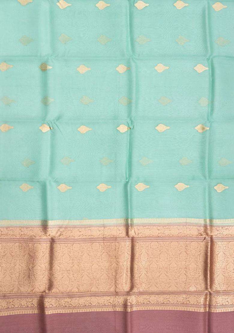 Turquoise Handwoven Banarasi Organza Saree With Floral Buttas Turquoise With Buttas And Brocade Design For Women - Indya