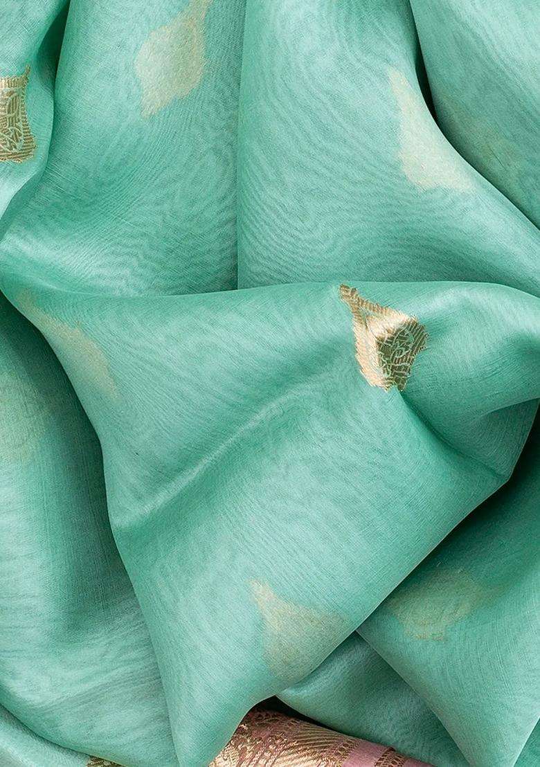 Turquoise Handwoven Banarasi Organza Saree With Floral Buttas Turquoise With Buttas And Brocade Design For Women - Indya