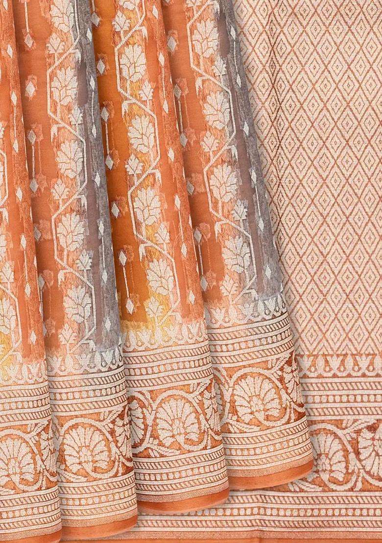 Orange Handwoven Banarasi Organza Rangkat Saree With Floral Motifs Orange With Buttas And Brocade Design For Women - Indya