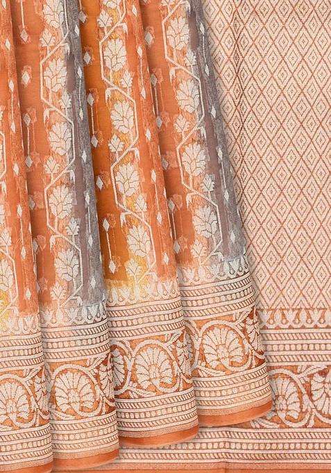 Orange Handwoven Banarasi Organza Rangkat Saree With Floral Motifs Orange With Buttas And Brocade Design For Women