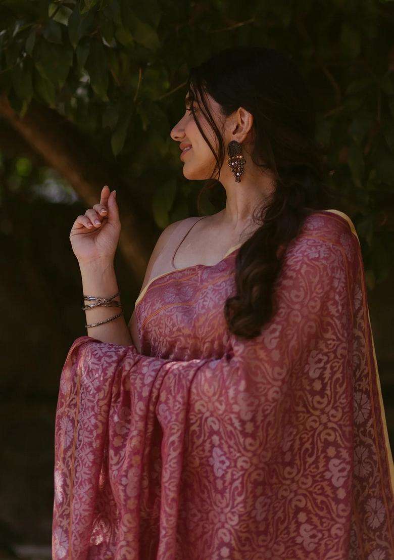 Dusty Pink Handloom Banarasi Jamdani Cotton Saree With Floral Motifs Dusty Pink With Buttas And Brocade Design For Women - Indya