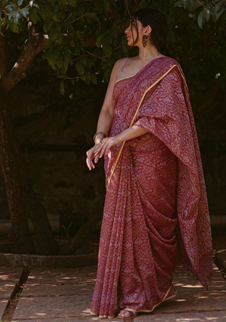 Dusty Pink Handloom Banarasi Jamdani Cotton Saree With Floral Motifs Dusty Pink With Buttas And Brocade Design For Women - Indya