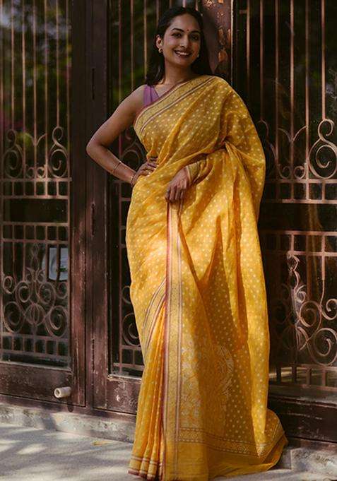 Yellow Handloom Banarasi Jamdani Cotton Saree With Floral Motifs Yellow With Buttas And Brocade Design For Women