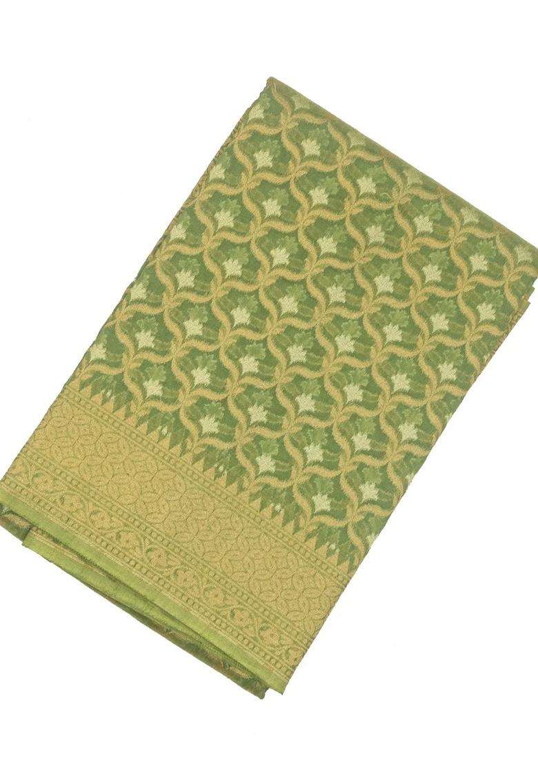 Cardamom Green Woven Banarasi Blended Cotton Saree With Floral Jaal Motifs Cardamom Green With Buttas And Brocade Design For Women - Indya