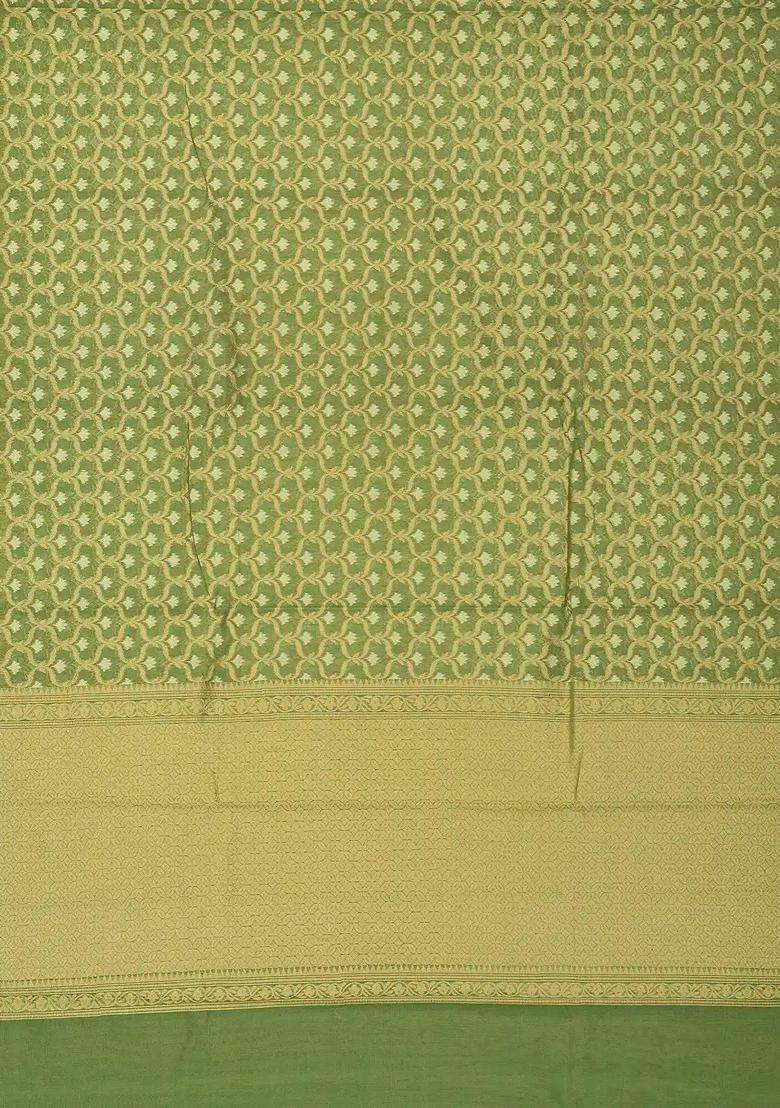 Cardamom Green Woven Banarasi Blended Cotton Saree With Floral Jaal Motifs Cardamom Green With Buttas And Brocade Design For Women - Indya