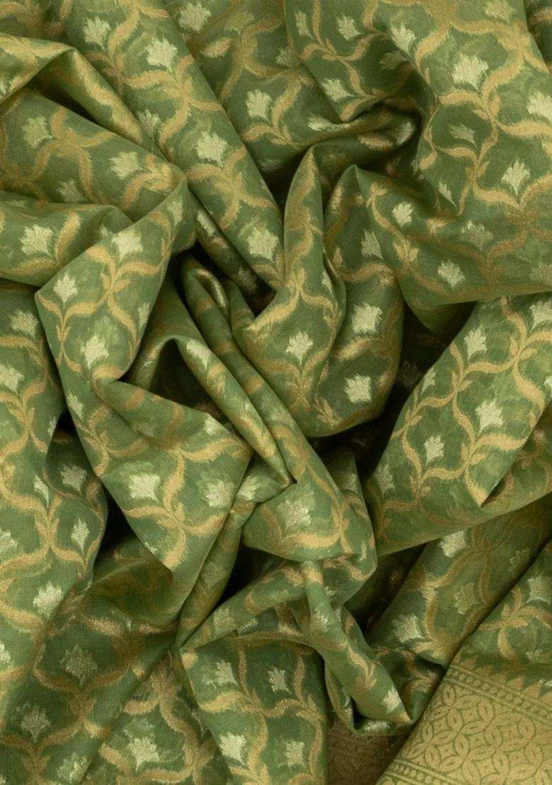 Cardamom Green Woven Banarasi Blended Cotton Saree With Floral Jaal Motifs Cardamom Green With Buttas And Brocade Design For Women - Indya