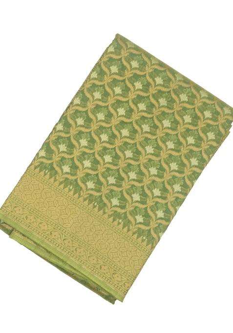 Cardamom Green Woven Banarasi Blended Cotton Saree With Floral Jaal Motifs Cardamom Green With Buttas And Brocade Design For Women