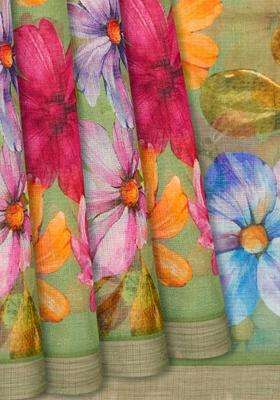 Pista Green Woven Kota Silk Saree With Printed Floral Motifs Pista Green For Women