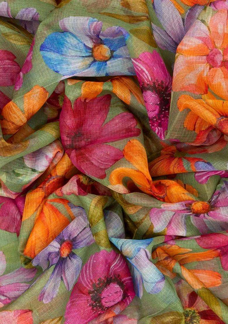 Pista Green Woven Kota Silk Saree With Printed Floral Motifs Pista Green For Women - Indya