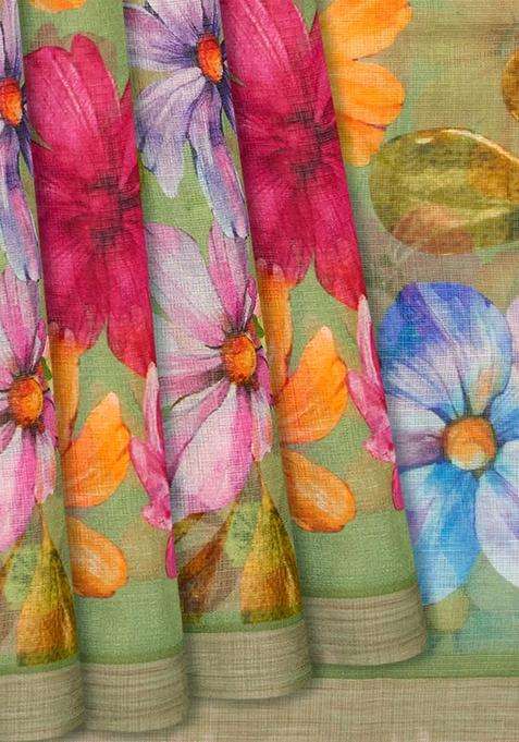 Pista Green Woven Kota Silk Saree With Printed Floral Motifs Pista Green For Women