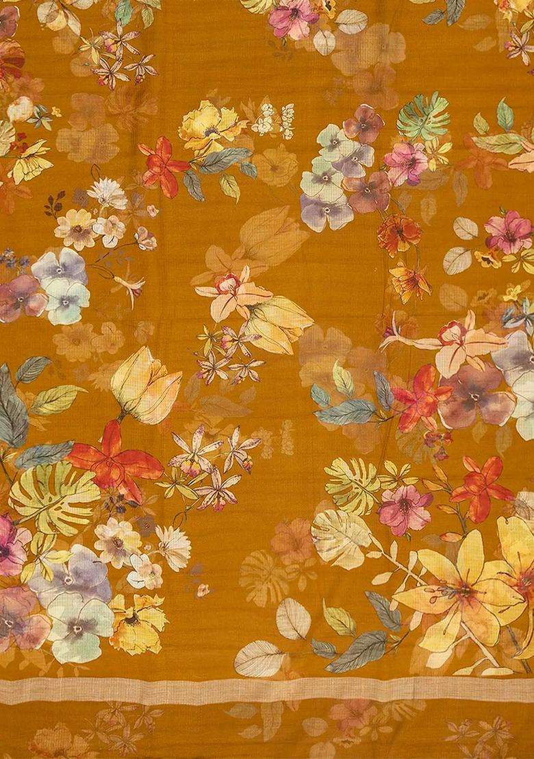 Oil Mustard Woven Kota Silk Saree With Printed Floral Motifs Oil Mustard For Women - Indya