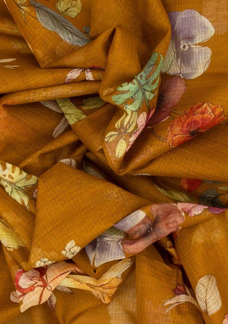Oil Mustard Woven Kota Silk Saree With Printed Floral Motifs Oil Mustard For Women - Indya