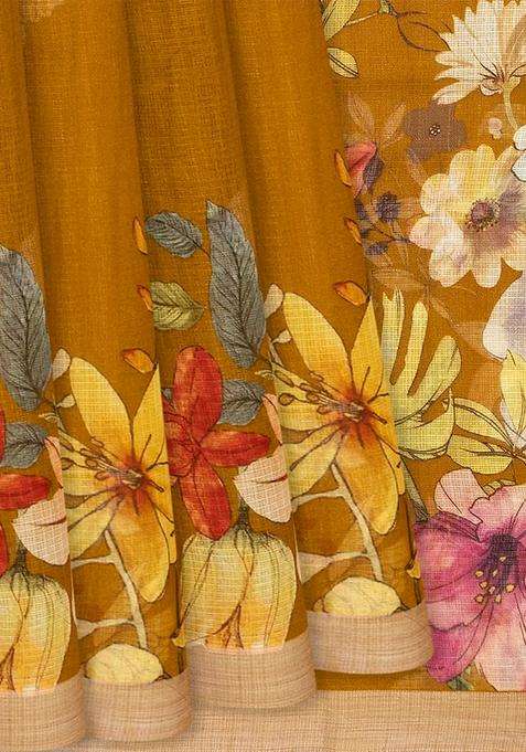 Oil Mustard Woven Kota Silk Saree With Printed Floral Motifs Oil Mustard For Women