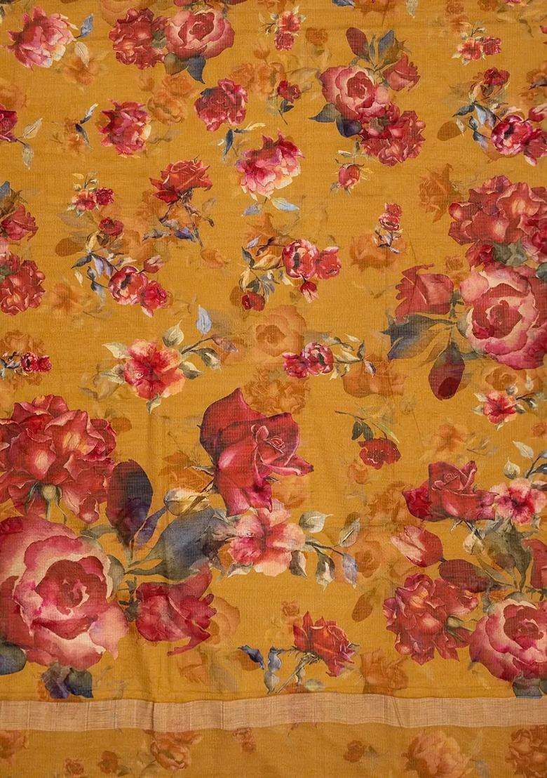 Oil Mustard Woven Kota Silk Saree With Printed Floral Motif Oil Mustard For Women - Indya